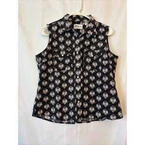 Classic Blues Pearl Snap Button Up Sleeveless Blouse White Black Print L Western